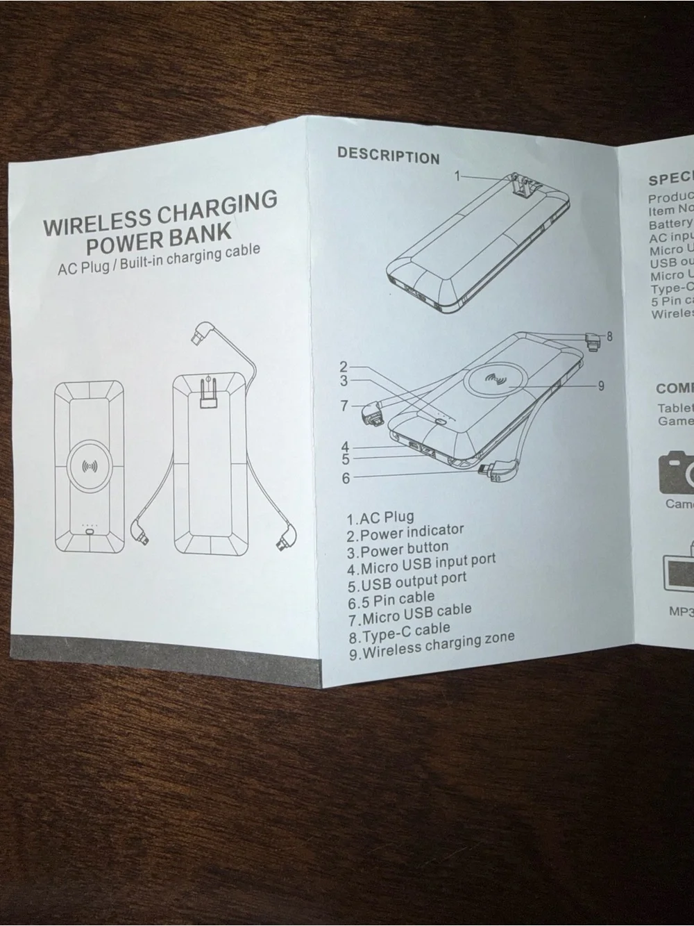 WIRELESS CHARGING POWER BANK, AC Plug / Built-in charging cables